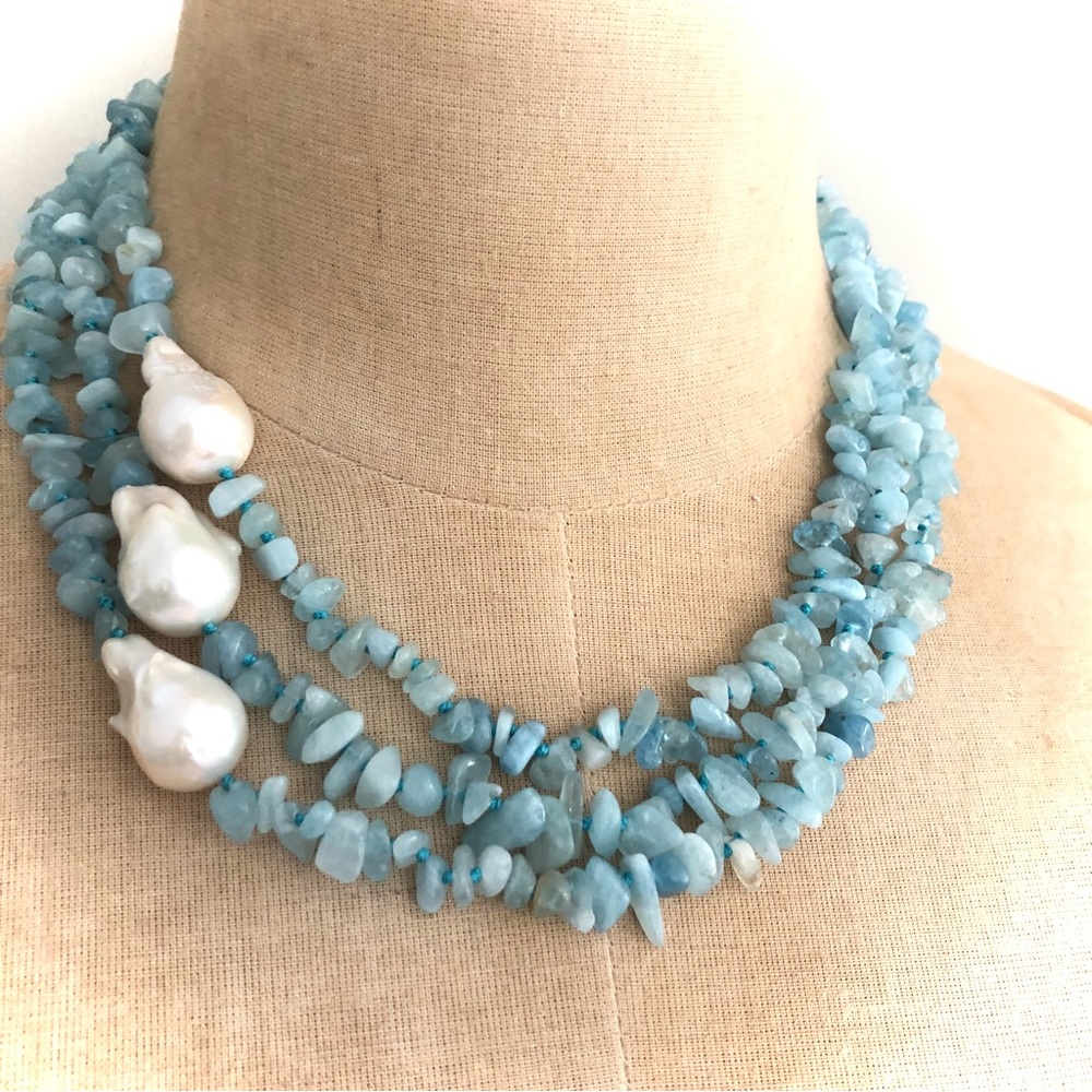 NWT Luxury Aquamarine & Baroque Pearl Necklace